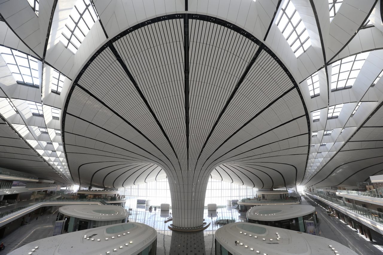 A skylight is seen in the terminal building of the new Beijing Daxing International Airport in Beijing on July 9, 2019. - The new airport was officially completed on June 30, and is scheduled to open on September 30, 2019, a day before China celebrates the Communist government