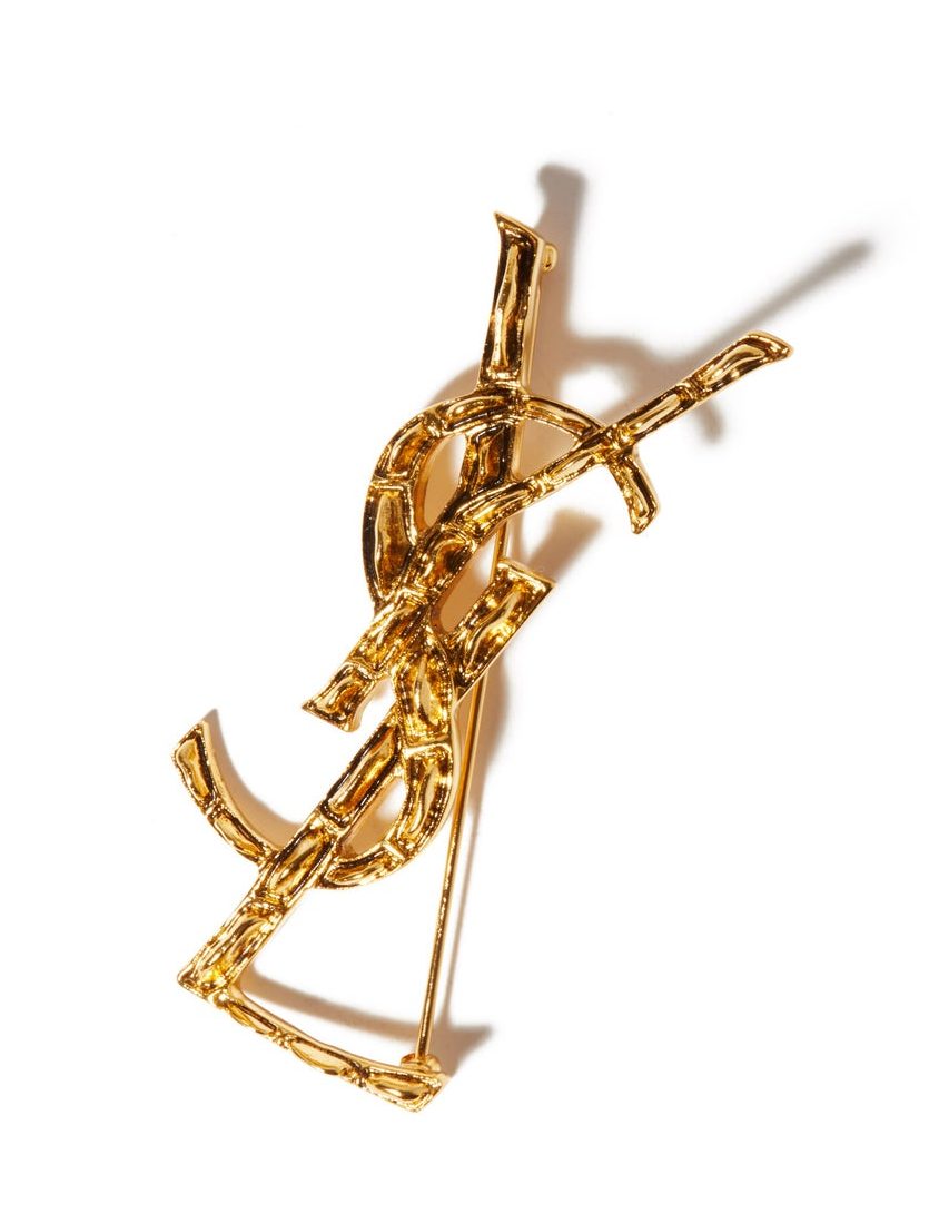 Saint Laurent Gold Ysl Twisted Brass Brooch in Metallic